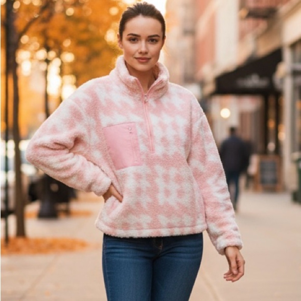 Crown & Ivy Pink White Teddy Jacket